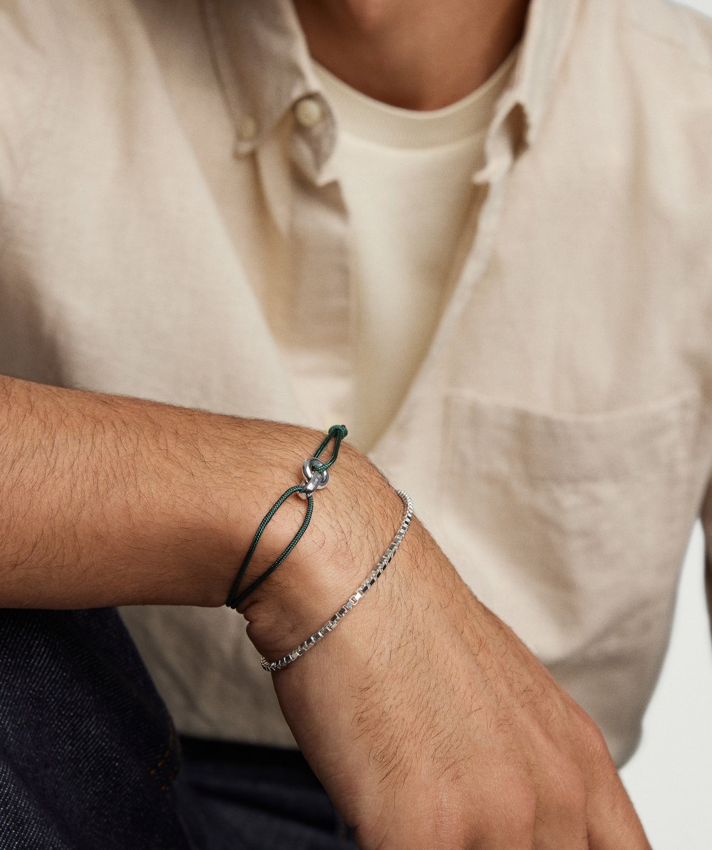 Mejuri Linked Cord Bracelet - Sterling Silver, Green Cord